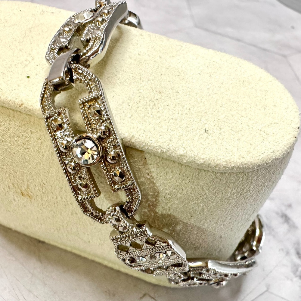 Vintage Silver Tone Crystal Rhinestone Panel Tennis Bracelet Art Deco Edwardian